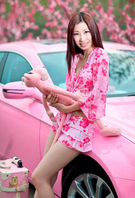 Chinese girl in Pink with Pink Panther on Pink Benz 