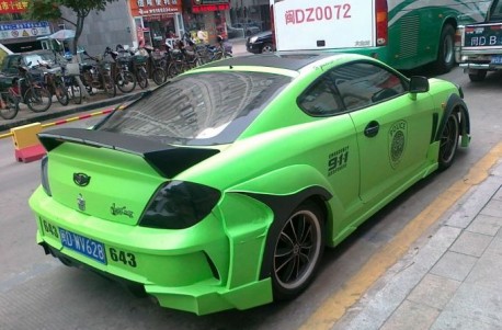 Hyundai Tiburon in Green with a body kit in China